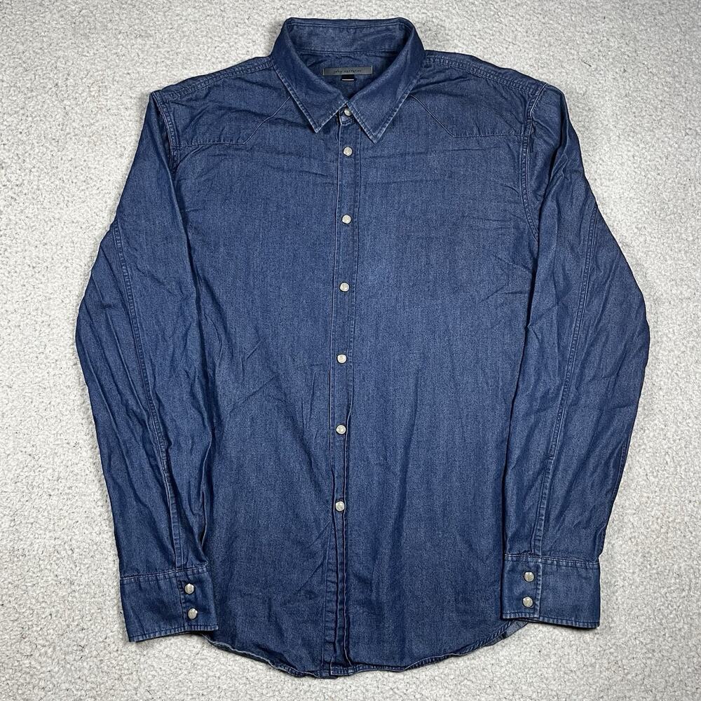 John Varvatos Shirt Mens L Blue Indigo Western Pearl Snap Long Sleeve Slim